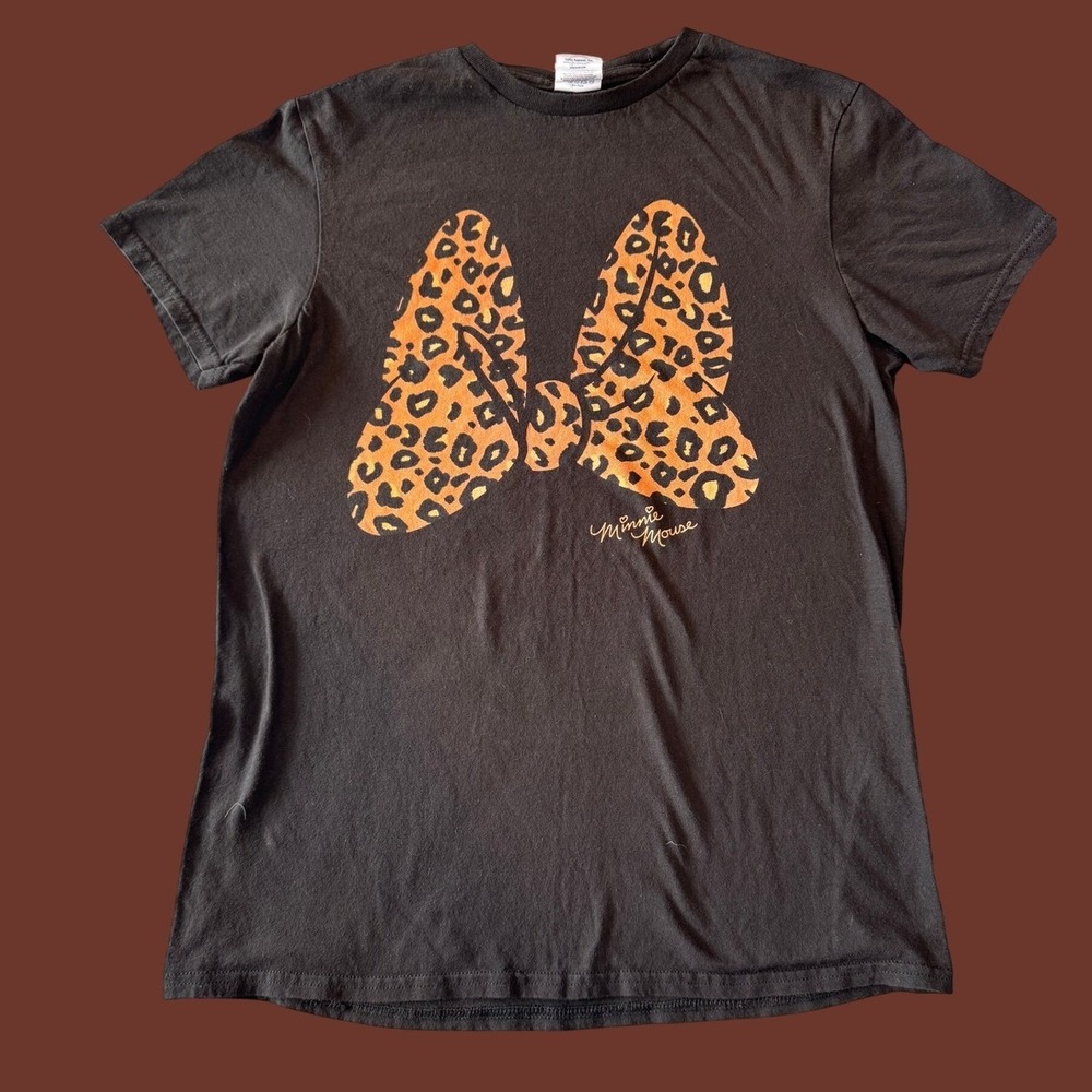 Disney Minnie Mouse Leopard Bow T-Shirt S Black Animal Print Graphic Tee